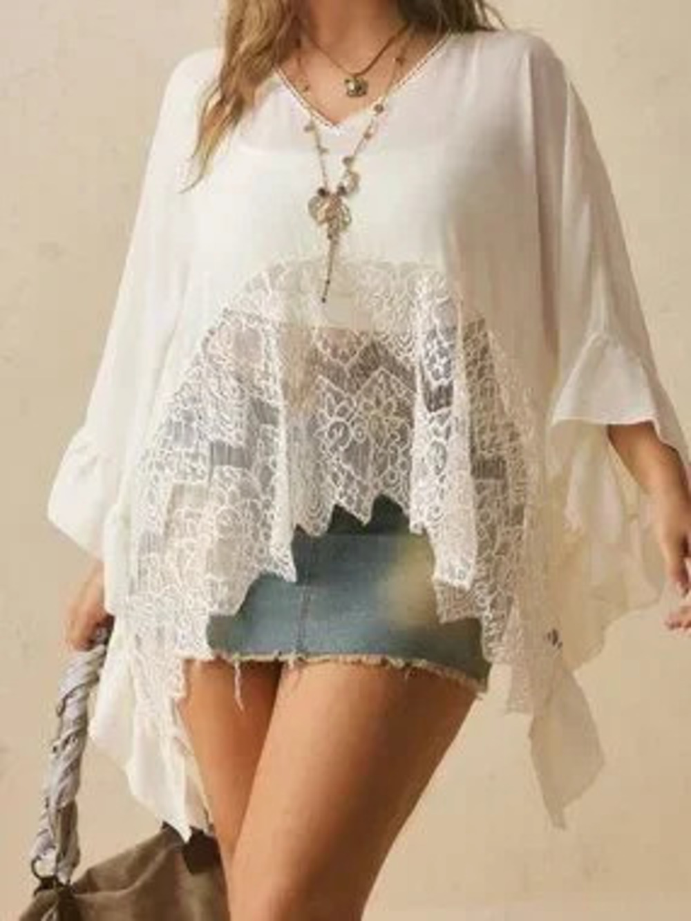 Apricot Casual Women's Plus Size V-Neck 3/4 Sleeve Sheer Blouse